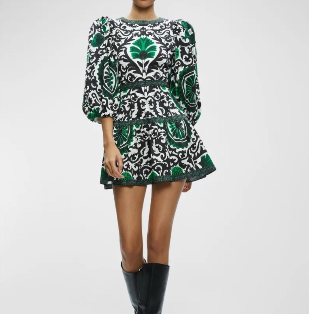 Alice + Olivia Green and White Mini Shayla pleated tiered dress